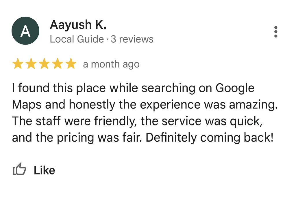 Example of a google review with 5 star rating after performing a good local seo.
