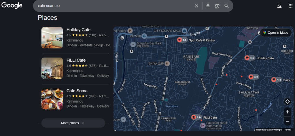 screenshot of an perfect example of google by business with address on map, ratings, and contact details.