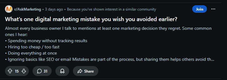 screenshot of a reddit local digital marketing group where someone is asking a question and the others are answering them.
