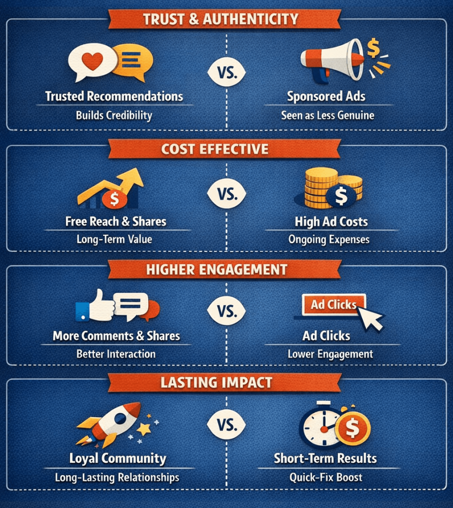 infographic illustrating why community engagement is better than paid ads, showcasing community engagement vs paid ads in Nepal.